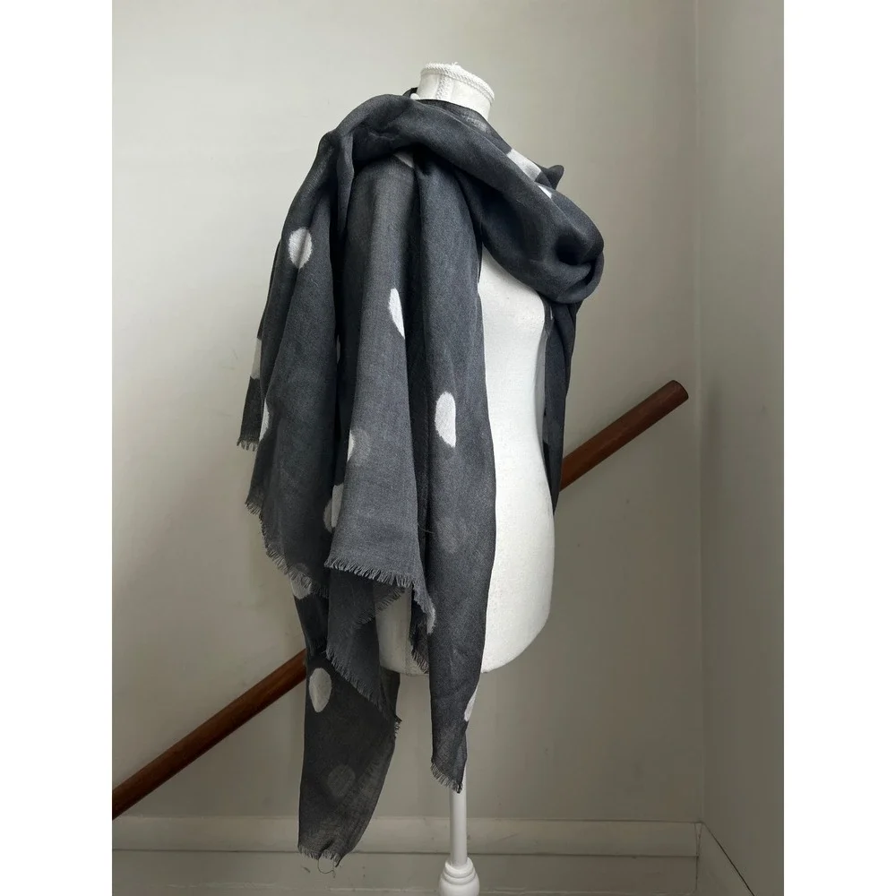 Galeries Lafayette Scarf Gray White Polka Dot Wool Frayed Fringe Wrap Shawl